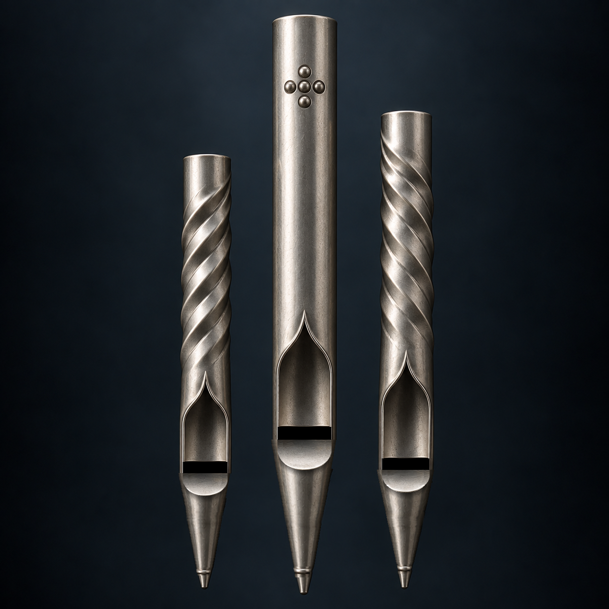 Three metal organ pipes on a dark background